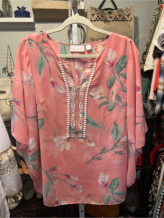 Belle by Kim Gravel Tops - Belle by Kim Gravel Coral Pink Floral Tunic with Embroidered Placket